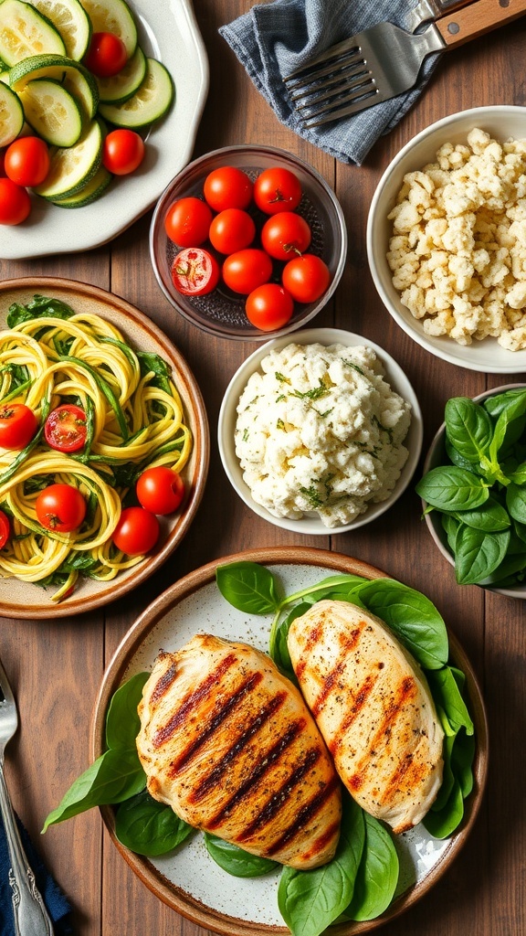 A variety of low carb whole food dishes including zucchini noodles, cauliflower rice, and grilled chicken on a rustic table.